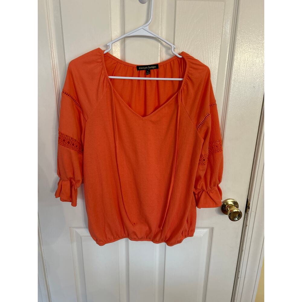 Always Indigo  Orange/Coral‎ LS Top  Full Sleeves Eyelet Details Size Small